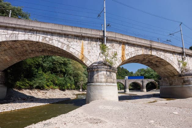 August 6, 2026, Zidani Most, Slovenia: A mostly dry riverbed of Savinja river near its confluence with Sava river is seen in Zidani Most. Slovenia faces record low water levels due to longlasting drought and a recent heatwave, causing the KrÅ¡ko Nuclear Power Plant to reduce power and a temporary suspension of fishing on several rivers. Zidani Most Slovenia - ZUMAs197 20260806_aaa_s197_187 Copyright: xLukaxDakskoblerx