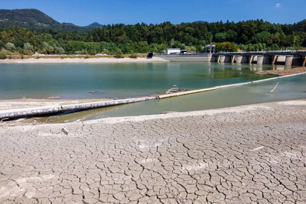 August 6, 2026, Vrhovo, Slovenia: The low water level of Sava river is seen near Vrhovo hydro power plant. Slovenia faces record low water levels due to longlasting drought and a recent heatwave, causing the KrÅ¡ko Nuclear Power Plant to reduce power and a temporary suspension of fishing on several rivers. Vrhovo Slovenia - ZUMAs197 20260806_aaa_s197_195 Copyright: xLukaxDakskoblerx