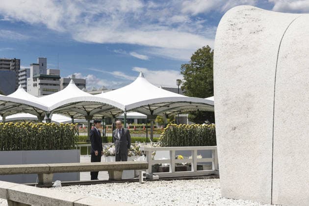 Japan Prince Hisahito visits Hiroshima Japanese Prince Hisahito (L), Emperor Naruhito s nephew, gets a briefing from Hiroshima Mayor Kazumi Matsui after laying flowers at the cenotaph in the Peace Memorial Park in Hiroshima on Aug. 7, 2026, a day after the 81st anniversary of the U.S. atomic bombing of the western Japan city.  A14AA0005625313P