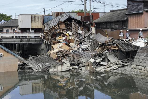Aftermath of strong earthquake in Kumamoto Collapsed houses are pictured in Yatsushiro, Kumamoto Prefecture, on Aug. 7, 2026, after a powerful earthquake struck the southwestern Japan prefecture on July 28.  A14AA0005625325P