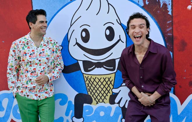 Director and cast member Eli Roth (L) and cast member Ari Millen attend the premiere of the motion picture dark comedy Ice Cream Man at the Vista Theater in Los Angeles on Thursday, August 6, 2026. Storyline: An idyllic summer town descends into madness when an ice cream man serves kids sweet delights with horrifying results.  LAP2026080602 JIMxRUYMEN