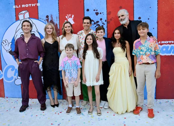 (L-R) Cast members Ari Millen, Ivano DiCaro, Sarah Abbott, Kole Parks, Karen Cliche, Eli Roth, Charlie Storey, Charlie Zeltzer, Kiori Mirza Waldman, Benjamin Byron Davis and Luke Dietz gather for a photo-op during the premiere of the motion picture dark comedy Ice Cream Man at the Vista Theater in Los Angeles on Thursday, August 6, 2026. Storyline: An idyllic summer town descends into madness when an ice cream man serves kids sweet delights with horrifying results.  LAP2026080643 JIMxRUYMEN