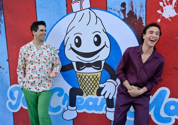 Director and cast member Eli Roth (L) and cast member Ari Millen attend the premiere of the motion picture dark comedy Ice Cream Man at the Vista Theater in Los Angeles on Thursday, August 6, 2026. Storyline: An idyllic summer town descends into madness when an ice cream man serves kids sweet delights with horrifying results.  LAP2026080601 JIMxRUYMEN