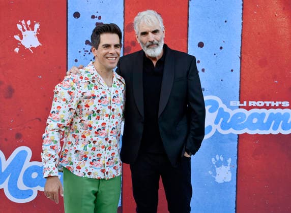 Cast member, director and producer Eli Roth (L) and cast member Benjamin Byron Davis attend the premiere of the motion picture dark comedy Ice Cream Man at the Vista Theater in Los Angeles on Thursday, August 6, 2026. Storyline: An idyllic summer town descends into madness when an ice cream man serves kids sweet delights with horrifying results.  LAP2026080613 JIMxRUYMEN