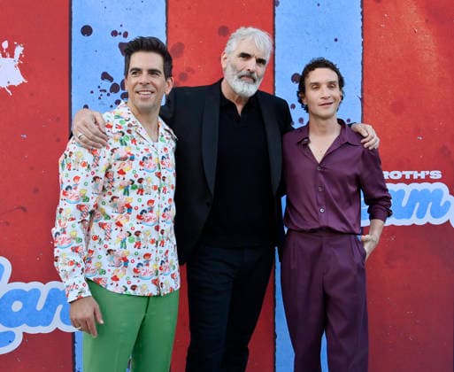 Cast member, director and producer Eli Roth (L) and cast members Benjamin Byron Davis (C) and Ari Millen attend the premiere of the motion picture dark comedy Ice Cream Man at the Vista Theater in Los Angeles on Thursday, August 6, 2026. Storyline: An idyllic summer town descends into madness when an ice cream man serves kids sweet delights with horrifying results.  LAP2026080614 JIMxRUYMEN