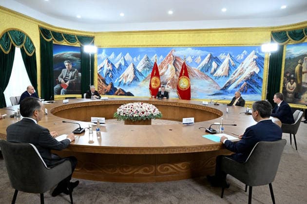 Kyrgyzstan Eurasian Intergovernmental Council 9218527 07.08.2026 Kyrgyz President Sadyr Japarov meets with heads of delegations taking part in the Eurasian Intergovernmental Council, as Chairman of the Eurasian Economic Commission (EEC) board Bakytzhan Sagintayev, Russian Prime Minister Mikhail Mishustin, Kyrgyz Prime Minister - Head of the Presidential Administration Adylbek Kasymaliev, Armenian Prime Minister Nikol Pashinyan, Belarusian Prime Minister Alexander Turchin and Kazakh Prime Minister Olzhas Bektenov sit nearby, in Cholpon-Ata, Kyrgyzstan. Sputnik Cholpon-Ata Kyrgyzstan  Copyright: xx