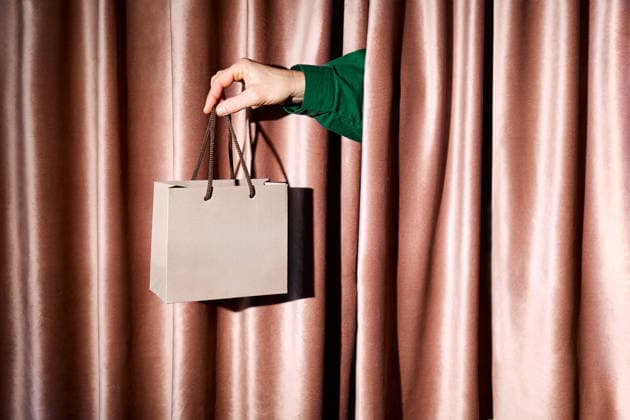 Female hand holds a gift bag through a pink velvet curtain indoors model released, Symbolfoto, CATF01088