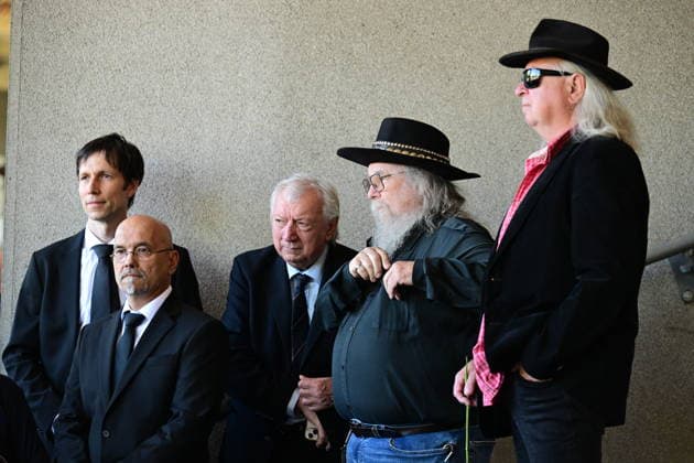 Last farewell to Czech artist Milan Knizak took place at the Strasnice Crematorium, in Prague, Czech Republic, on August 7, 2026. Second from right is seen former dissident Frantisek Cunas Starek. (CTKxPhoto MichalxKamaryt) CTKPhotoP2026080702969  CTKPhotoP2026080702969