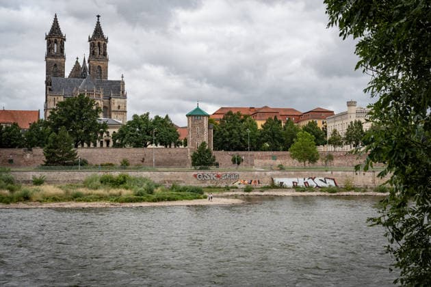 Deutlich niedriger Wasserstand in der Elbe im August 2026 - mit Magdeburger Dom;Niedrigwasser der Elbe in Magdeburg im Sommer 2026, Magdeburg Sachsen-Anhalt Deutschland Elbufer *** Significantly lower water level in the Elbe in August 2026, with Magdeburg Cathedral; low water level of the Elbe in Magdeburg in the summer of 2026, Magdeburg, Saxony-Anhalt, Germany, banks of the Elbe
