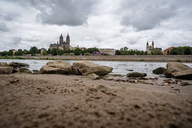 Deutlich niedriger Wasserstand in der Elbe im August 2026 - mit Magdeburger Dom;Niedrigwasser der Elbe in Magdeburg im Sommer 2026, Magdeburg Sachsen-Anhalt Deutschland Elbufer *** Significantly lower water level in the Elbe in August 2026, with Magdeburg Cathedral; low water level of the Elbe in Magdeburg in the summer of 2026, Magdeburg, Saxony-Anhalt, Germany, banks of the Elbe