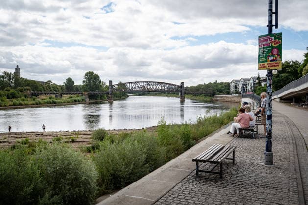 Deutlich niedriger Wasserstand in der Elbe im August 2026;Niedrigwasser der Elbe in Magdeburg im Sommer 2026, Magdeburg Sachsen-Anhalt Deutschland Elbufer *** Significantly lower water level in the Elbe in August 2026 Low water levels on the Elbe in Magdeburg in the summer of 2026, Magdeburg, Saxony-Anhalt, Germany, banks of the Elbe