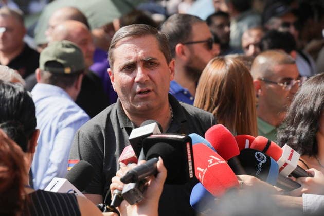 ARMENIA, YEREVAN - AUGUST 7, 2026: Arman Abovyan of the Prosperous Armenia faction in the National Assembly of Armenia talks to the media outside a court building ahead of a hearing against Catholicos Garegin II of All Armenians over allegations of failing to comply with a civil court order. Alexander Patrin TASS  95875364