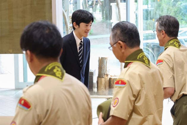 Prince Hisahito joins boy scout event in western Japan Japanese Prince Hisahito (back) arrives at the venue of the 19th Nippon Scout Jamboree in Jinsekikogen in Hiroshima Prefecture, western Japan, on Aug. 7, 2026. (Pool photo)  A14AA0005625356P