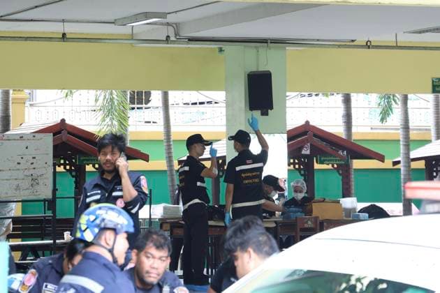 (260807) -- NONTHABURI , Aug. 7, 2026 -- Police officers work at the building where the shooting occurred at Debsirin Nonthaburi School in Nonthaburi province, Thailand, Aug. 7, 2026. Thai Prime Minister Anutin Charnvirakul said on Friday afternoon that eight people were confirmed dead, including the gunman and his grandparents, and over 30 people were injured, with nine in critical condition, as a gunman opened fire at a school and home in Nonthaburi province earlier the day. Local police were notified around 10 a.m. local time after a gunman opened fire at Debsirin Nonthaburi School in the Bang Kruai district of Nonthaburi province on the northwestern outskirts of Bangkok. Anutin also said such an incident must not be allowed to happen a 