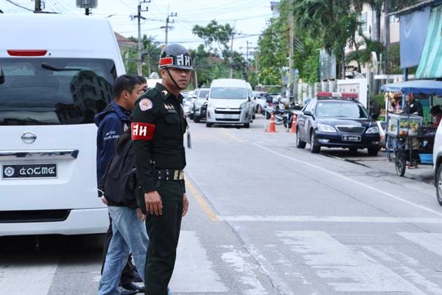 (260807) -- NONTHABURI , Aug. 7, 2026 -- A military personnel works outside Debsirin Nonthaburi School in Nonthaburi province, Thailand, Aug. 7, 2026. Thai Prime Minister Anutin Charnvirakul said on Friday afternoon that eight people were confirmed dead, including the gunman and his grandparents, and over 30 people were injured, with nine in critical condition, as a gunman opened fire at a school and home in Nonthaburi province earlier the day. Local police were notified around 10 a.m. local time after a gunman opened fire at Debsirin Nonthaburi School in the Bang Kruai district of Nonthaburi province on the northwestern outskirts of Bangkok. Anutin also said such an incident must not be allowed to happen again, noting that the government 