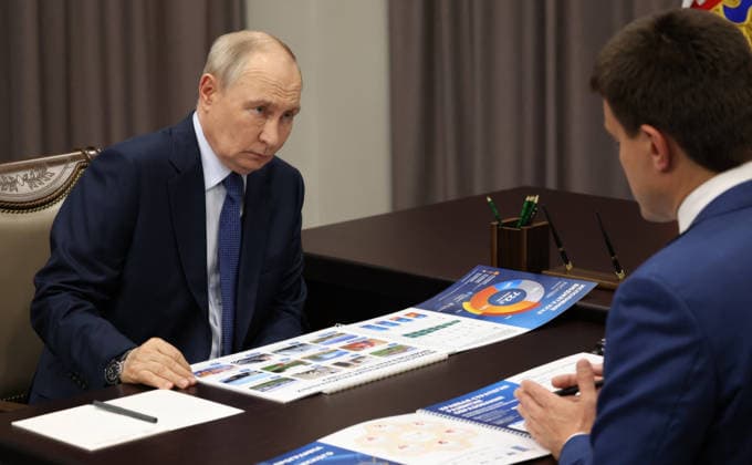August 7, 2026, Krasnoyarsk, Krasnoyarsk Krai, Russia: Russian President Vladimir Putin, listens to Krasnoyarsk Territory Governor Mikhail Kotyukov, right, deliver his report during a working meeting, August 3, 2026 in Krasnoyarsk, Russia. Krasnoyarsk Russia - ZUMAp138 20260807_zaa_p138_010 Copyright: xVyacheslavxProkofiev RussianxGovx