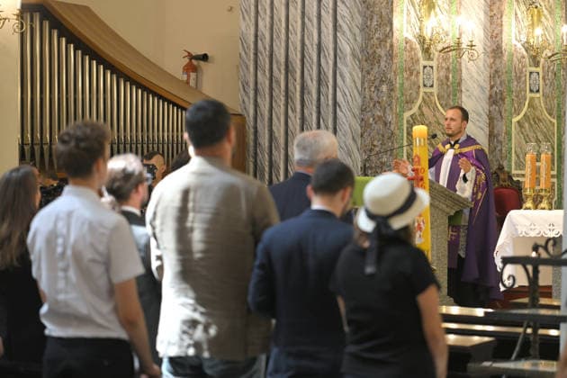 A priest conducts the farewell ceremony for Polish volunteer Marek Rusek-Wolski, who was killed near Kharkiv by a Russian drone attack, at the Cathedral of St Alexander in Kyiv, Ukraine, August 7, 2026. The tragedy occurred at the end of July (approximately 27 July) near Kharkiv, when the volunteer came under a targeted Russian drone strike while on a humanitarian mission. Marek Rusek-Wolski was an administrator of the Polish volunteer community Razem dla Ukrainy. Since early 2023, he had been regularly travelling to Ukraine. He used to organise fundraisers, purchase and deliver food, medicines, hygiene products and animal feed to the most dangerous front-line settlements in the Kharkiv region. (Photo by Yevhen Kotenko Ukrinform) Commemorat  Copyright: xYevhenxKotenkox