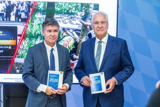 August 11, 2026, Munich, Bavaria, Germany: JOACHIM HERRMANN and MANFRED HAUSER. The Bavarian Verfassungsschutz (Secret Service, Office for the Protection of the Constitution) released its half-year report detailing the current threats to Bavaria and the country. The latest threats includes upticks in espionage, saboteurs, Islamist extremism and terror, as well as movements that seek to split society. Recent cases, such as the CSD attack in Berlin and the drone with explosives found at a Leipzig airport, have raised alert and readiness levels against all threats. Munich Germany  - ZUMAb160 20260811_abp_b160_013 Copyright: xSachellexBabbarx