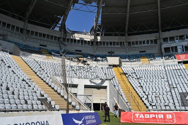 Russian attack on Chornomorets Stadium in Odessa ODESSA, UKRAINE - AUGUST 07: A general view of the damage to the roof, stands, and glazing of the Chornomorets Stadium in the city center following the Russian attacks in Odessa, Ukraine, on August 07, 2026. The attack severely damaged the sports infrastructure and stands of the venue, injuring at least one person, according to local authorities. Michael Shtekel Anadolu Odessa Ukraine. Editorial use only. Please get in touch for any other usage.  Copyright: x2026xAnadoluxMichaelxShtekelx