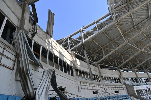 Russian attack on Chornomorets Stadium in Odessa ODESSA, UKRAINE - AUGUST 07: A general view of the damage to the roof, stands, and glazing of the Chornomorets Stadium in the city center following the Russian attacks in Odessa, Ukraine, on August 07, 2026. The attack severely damaged the sports infrastructure and stands of the venue, injuring at least one person, according to local authorities. Michael Shtekel Anadolu Odessa Ukraine. Editorial use only. Please get in touch for any other usage.  Copyright: x2026xAnadoluxMichaelxShtekelx