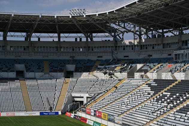 Russian attack on Chornomorets Stadium in Odessa ODESSA, UKRAINE - AUGUST 07: A general view of the damage to the roof, stands, and glazing of the Chornomorets Stadium in the city center following the Russian attacks in Odessa, Ukraine, on August 07, 2026. The attack severely damaged the sports infrastructure and stands of the venue, injuring at least one person, according to local authorities. Michael Shtekel Anadolu Odessa Ukraine. Editorial use only. Please get in touch for any other usage.  Copyright: x2026xAnadoluxMichaelxShtekelx