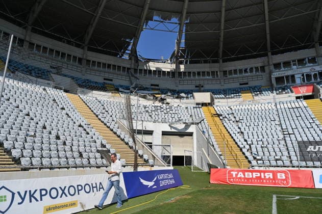 Russian attack on Chornomorets Stadium in Odessa ODESSA, UKRAINE - AUGUST 07: A general view of the damage to the roof, stands, and glazing of the Chornomorets Stadium in the city center following the Russian attacks in Odessa, Ukraine, on August 07, 2026. The attack severely damaged the sports infrastructure and stands of the venue, injuring at least one person, according to local authorities. Michael Shtekel Anadolu Odessa Ukraine. Editorial use only. Please get in touch for any other usage.  Copyright: x2026xAnadoluxMichaelxShtekelx