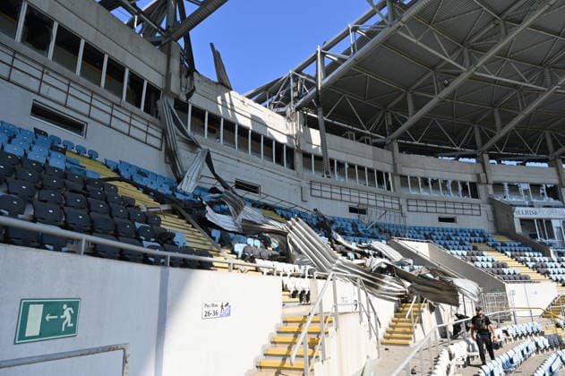 Russian attack on Chornomorets Stadium in Odessa ODESSA, UKRAINE - AUGUST 07: A general view of the damage to the roof, stands, and glazing of the Chornomorets Stadium in the city center following the Russian attacks in Odessa, Ukraine, on August 07, 2026. The attack severely damaged the sports infrastructure and stands of the venue, injuring at least one person, according to local authorities. Michael Shtekel Anadolu Odessa Ukraine. Editorial use only. Please get in touch for any other usage.  Copyright: x2026xAnadoluxMichaelxShtekelx