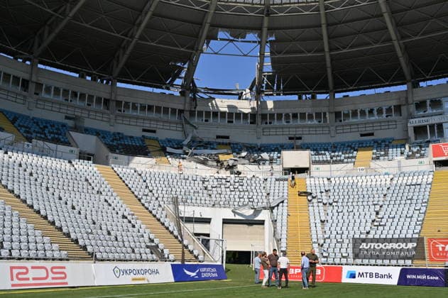 Russian attack on Chornomorets Stadium in Odessa ODESSA, UKRAINE - AUGUST 07: A general view of the damage to the roof, stands, and glazing of the Chornomorets Stadium in the city center following the Russian attacks in Odessa, Ukraine, on August 07, 2026. The attack severely damaged the sports infrastructure and stands of the venue, injuring at least one person, according to local authorities. Michael Shtekel Anadolu Odessa Ukraine. Editorial use only. Please get in touch for any other usage.  Copyright: x2026xAnadoluxMichaelxShtekelx