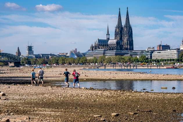 Niedrigwasser im Rhein bei Köln, Blick vom rechtsrheinischen Ufer am Rheinpark Richtung Süden, Innenstadt mit dem Dom, die Binnenschifffahrt ist stark eingeschränkt, nur wenige Schiffe fahren, dann mit stark reduzierter Ladung, am Tag der Aufnahme war es bis dato der tiefste je gemessener Rheinpegel in Köln, 60 cm, NRW, Deutschland Niedrigwasser Rhein K *** Low water levels in the Rhine near Cologne, View looking south from the right bank of the Rhine at Rheinpark; the city center with the cathedral; inland waterway shipping is severely restricted, with only a few ships operating, and those carrying greatly reduced loads; on the day this photo was taken, the Rhine water level in Cologne was the lowest ever recorded to date, at 60 cm, No
