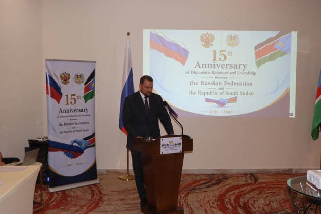 August 7, 2026, Juba, Ces Juba, South Sudan: Mr. Anatolii Balesnyi of the Russian Embassy in Juba addresses attendees during an event hosted by the Embassy, in collaboration with the Diplomatic Institute of the Ministry of Foreign Affairs and International Cooperation of South Sudan, marking 15 years of diplomatic relations between Russia and South Sudan. The ceremony was attended by South Sudanese diplomats, as well as representatives of the Chinese, Sudanese, and Egyptian diplomatic missions. Juba South Sudan  - ZUMAb132 20260807_zip_b132_005 Copyright: xSamirxBolx