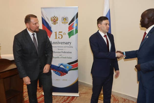 August 7, 2026, Juba, Ces Juba, South Sudan: Amb. Ajing Adiang Marik (L) , Director General of the Institute for Diplomatic Studies, greets Mr. Dmitrii Gusev, Third Secretary of the Russian Embassy in Juba, during an event marking 15 years of diplomatic relations between Russia and South Sudan. The event was organized by the Russian Embassy in Juba in collaboration with the Institute for Diplomatic Studies of the Ministry of Foreign Affairs and International Cooperation of South Sudan Juba South Sudan  - ZUMAb132 20260807_zip_b132_006 Copyright: xSamirxBolx
