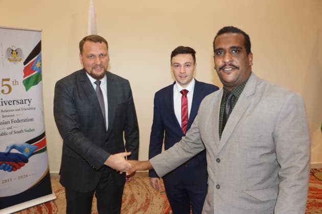August 7, 2026, Juba, Ces Juba, South Sudan: From left , Mr. Anatolii Balesnyi from the Russian Embassy in Juba , Mr. Dmitrii Gusev, Third Secretary of the Russian Embassy in Juba , and Yahya Mohammed Osman Hashim, Cultural Attachee of the Sudanese Embassy in Juba, attend an event marking 15 years of diplomatic relations between Russia and South Sudan. The event was organized by the Russian Embassy in Juba in collaboration with the Institute for Diplomatic Studies of the Ministry of Foreign Affairs and International Cooperation of South Sudan Juba South Sudan  - ZUMAb132 20260807_zip_b132_009 Copyright: xSamirxBolx