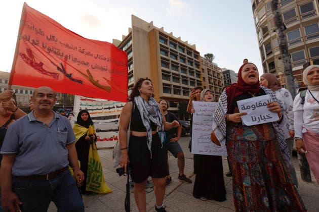 August 7, 2026, Beirut, Beirut, lebanon: Lebanese activists and students gather in front of the Lebanese government headquarters in Beirut during a protest against normalization with Israel on Friday. Participants raised banners and chanted slogans rejecting negotiations with Israel and calling for opposition to occupation. Beirut lebanon  - ZUMAb339 20260807_znp_b339_004 Copyright: xAbdulxKaderxAlxBayx