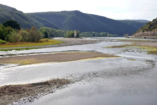 07.08.2026, Bingen, DEU Niedrigwasser am Rhein von Bingen aus gesehen. In der Mitte der Maeuseturm auf einer kleinen Insel, der normalerweise nur per Schiff zu erreichen ist. Im Vordergrund der Zufluss der Nahe *** August 7, 2026, Bingen, Germany: Low water on the Rhine as seen from Bingen. In the center is the Maeuseturm on a small island, which is normally accessible only by boat. In the foreground is the confluence with the Nahe.