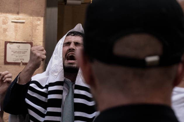 August 8, 2026, Jerusalem, Israel: Ultra Orthodox Haredi Jews demonstrate outside Cafo Basimta in downtown Jerusalem on Saturday over its decision to remain open for business on the Jewish Sabbath. Jerusalem Israel - ZUMAa126 20260808_zap_a126_002 Copyright: xNirxAlonx