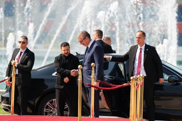 August 8, 2026, Belgrade, Central Serbia, Serbia: 202688, Belgrade, Serbia - Serbian President VUCIC ALEKSANDAR hosts Ukrainian President VOLODYMYR ZELENSKYY during his official visit to the Republic of Serbia at the Palace of Serbia. Belgrade Serbia - ZUMAd223 20260808_zip_d223_001 Copyright: xMarkoxDimicx