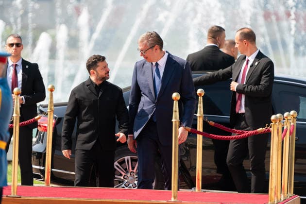 August 8, 2026, Belgrade, Central Serbia, Serbia: 202688, Belgrade, Serbia - Serbian President VUCIC ALEKSANDAR hosts Ukrainian President VOLODYMYR ZELENSKYY during his official visit to the Republic of Serbia at the Palace of Serbia. Belgrade Serbia - ZUMAd223 20260808_zip_d223_002 Copyright: xMarkoxDimicx