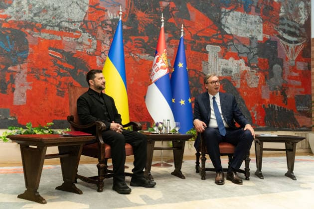 August 8, 2026, Belgrade, Central Serbia, Serbia: 202688, Belgrade, Serbia - Serbian President VUCIC ALEKSANDAR hosts Ukrainian President VOLODYMYR ZELENSKYY during his official visit to the Republic of Serbia at the Palace of Serbia. Belgrade Serbia - ZUMAd223 20260808_zip_d223_016 Copyright: xMarkoxDimicx