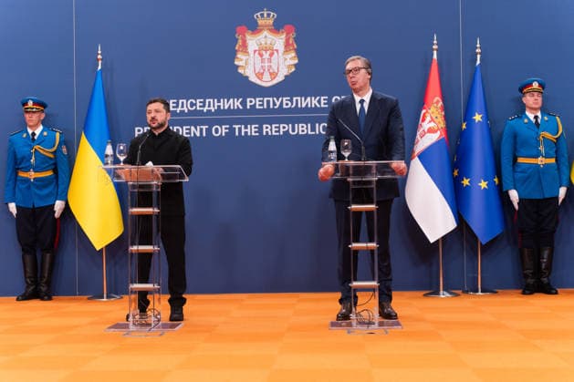 August 8, 2026, Belgrade, Central Serbia, Serbia: 202688, Belgrade, Serbia - Serbian President VUCIC ALEKSANDAR hosts Ukrainian President VOLODYMYR ZELENSKYY during his official visit to the Republic of Serbia at the Palace of Serbia. Belgrade Serbia  - ZUMAd223 20260808_zip_d223_031 Copyright: xMarkoxDimicx