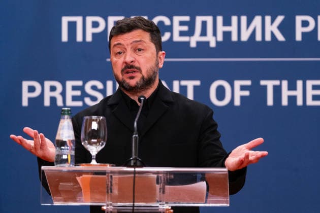 August 8, 2026, Belgrade, Central Serbia, Serbia: 202688, Belgrade, Serbia - Serbian President VUCIC ALEKSANDAR hosts Ukrainian President VOLODYMYR ZELENSKYY during his official visit to the Republic of Serbia at the Palace of Serbia. Ukrainian President VOLODYMYR ZELENSKYY addresses the media during a joint press conference. Belgrade Serbia  - ZUMAd223 20260808_zip_d223_037 Copyright: xMarkoxDimicx
