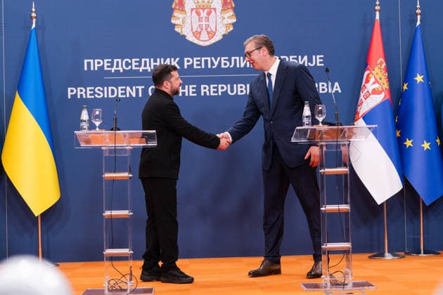 August 8, 2026, Belgrade, Central Serbia, Serbia: 202688, Belgrade, Serbia - Serbian President VUCIC ALEKSANDAR hosts Ukrainian President VOLODYMYR ZELENSKYY during his official visit to the Republic of Serbia at the Palace of Serbia. krainian President VOLODYMYR ZELENSKYY and Serbian President VUCIC ALEKSANDAR shake hands. Belgrade Serbia  - ZUMAd223 20260808_zip_d223_039 Copyright: xMarkoxDimicx