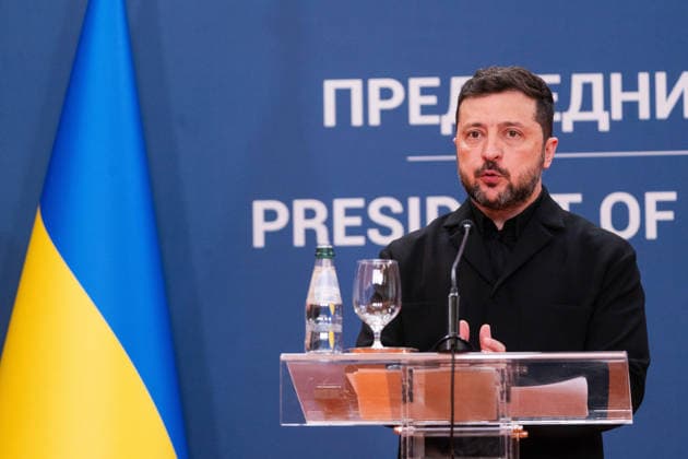 August 8, 2026, Belgrade, Central Serbia, Serbia: 202688, Belgrade, Serbia - Serbian President VUCIC ALEKSANDAR hosts Ukrainian President VOLODYMYR ZELENSKYY during his official visit to the Republic of Serbia at the Palace of Serbia. Ukrainian President VOLODYMYR ZELENSKYY addresses the media during a joint press conference. Belgrade Serbia  - ZUMAd223 20260808_zip_d223_038 Copyright: xMarkoxDimicx