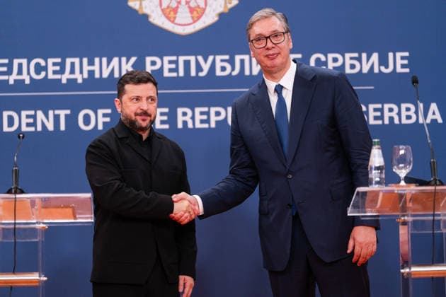 August 8, 2026, Belgrade, Central Serbia, Serbia: 202688, Belgrade, Serbia - Serbian President VUCIC ALEKSANDAR hosts Ukrainian President VOLODYMYR ZELENSKYY during his official visit to the Republic of Serbia at the Palace of Serbia. krainian President VOLODYMYR ZELENSKYY and Serbian President VUCIC ALEKSANDAR shake hands. Belgrade Serbia  - ZUMAd223 20260808_zip_d223_040 Copyright: xMarkoxDimicx