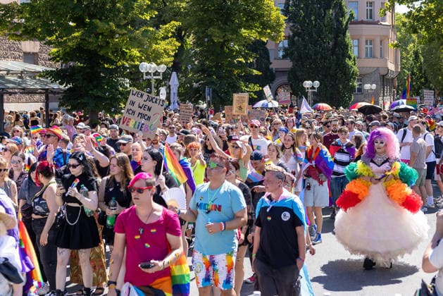 CSD Nürnberg 2026 Nürnberg Pride Week, Nürnberg, 08.08.2026 Zahlreiche Menschen nehmen an der Parade des Christopher Street Day durch die Innenstadt teil, viele tragen Regenbogenfahnen und bunte Kostüme. Ein Teilnehmer in aufwendigem Regenbogenkleid mit pinker Perücke sticht im Umzug hervor, im Hintergrund werden selbstgestaltete Plakate hochgehalten. Nürnberg Bayern Deutschland *** CSD Nuremberg 2026 Nuremberg Pride Week, Nuremberg, August 8, 2026 Numerous people are taking part in the Christopher Street Day parade through the city center, many carrying rainbow flags and wearing colorful costumes. One participant in an elaborate rainbow dress with a pink wig stands out in the procession; in the background, people are holding up 20260808-286A4589-M4000