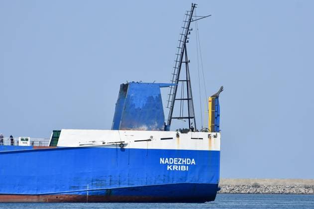 Ro-Ro vessel NADEZHDA attacked in Black Sea brought to Samsun SAMSUN, TURKIYE - AUGUST 08: The Ro-Ro vessel NADEZHDA, which was attacked by a drone in the Black Sea, is brought to Samsun, Turkiye on August 08, 2026. The vessel was seen moored at the port with extensive damage to its deck. Recep Bilek Anadolu Samsun Turkey. Editorial use only. Please get in touch for any other usage.  Copyright: x2026xAnadoluxRecepxBilekx