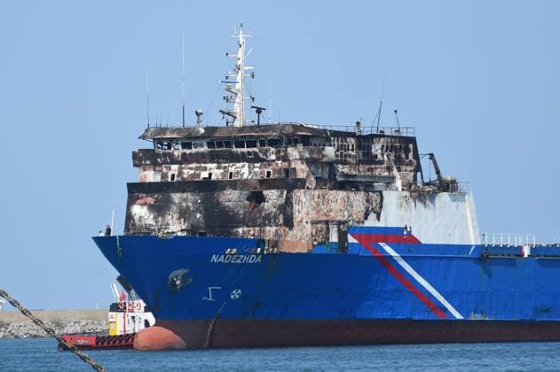 Ro-Ro vessel NADEZHDA attacked in Black Sea brought to Samsun SAMSUN, TURKIYE - AUGUST 08: The Ro-Ro vessel NADEZHDA, which was attacked by a drone in the Black Sea, is brought to Samsun, Turkiye on August 08, 2026. The vessel was seen moored at the port with extensive damage to its deck. Recep Bilek Anadolu Samsun Turkey. Editorial use only. Please get in touch for any other usage.  Copyright: x2026xAnadoluxRecepxBilekx