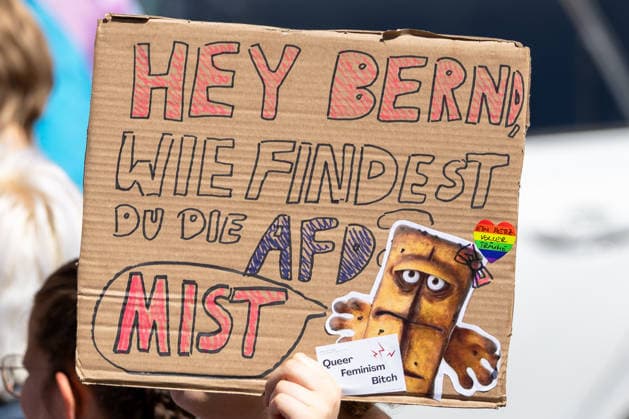 CSD Nürnberg 2026 Nürnberg Pride Week, Nürnberg, 08.08.2026 Bei der Parade des Christopher Street Day zieht ein handbeschriftetes Pappschild mit politischer Botschaft an die AfD durch die Innenstadt. Das Plakat ist mit einem Cartoon-Aufkleber und einer Karte mit der Aufschrift Queer Feminism Bitch verziert. Nürnberg Bayern Deutschland *** CSD Nuremberg 2026 Nuremberg Pride Week, Nuremberg, August 8, 2026 During the Christopher Street Day parade, a handwritten cardboard sign with a political message directed at the AfD is carried through the city center. The sign is decorated with a cartoon sticker and a card bearing the words Queer Feminism Bitch. Nuremberg, Bavaria, Germany 20260808-1V9A6911-M4000