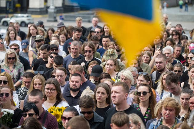 Hundreds attend the funeral of search and rescue volunteer Oleksii Yukov in Kyiv KYIV, UKRAINE - AUGUST 08: Hundreds attend the funeral of search and rescue volunteer Oleksii Yukov in Kyiv, Ukraine, on August 08, 2026. Yukov was killed during a mission to retrieve the bodies of fallen Ukrainian soldiers in Donetsk region of Ukraine. Yukov had been conducting search and rescue missions to retrieve bodies of fallen Ukrainian soldiers sjnce 2014. Danylo Antoniuk Anadolu Kyiv Ukraine. Editorial use only. Please get in touch for any other usage.  Copyright: x2026xAnadoluxDanyloxAntoniukx