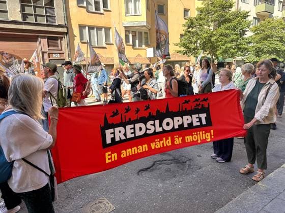 Protesters gather in Stockholm to condemn Israeli military strikes in Gaza and Lebanon STOCKHOLM, SWEDEN - AUGUST 08: Demonstrators hold banners and Palestinian flags during a protest at Odenplan Square in Stockholm, Sweden, on August 08, 2026, condemning Israeli military operations in Gaza and Lebanon. Organized by several civil society groups, protesters rallied against air strikes on civilian infrastructure, schools, and hospitals, calling for an immediate end to the violence and an end to food shortages in the region. Atila Altuntas Anadolu Stockholms Sweden. Editorial use only. Please get in touch for any other usage.  Copyright: x2026xAnadoluxAtilaxAltuntasx