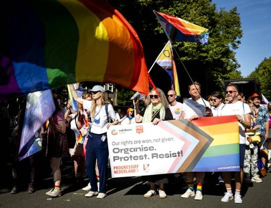 AMSTERDAM - Participants in the Pride March are walking towards Museumplein. The peaceful protest march marks the conclusion of WorldPride, which took place in Amsterdam this year. SEM VAN DER WAL ANP netherlands out - belgium out  Copyright: xx x565088497x originalFilename: 565088497.jpg
